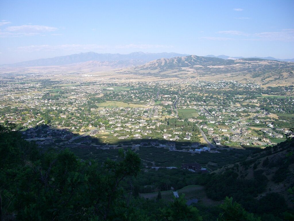 Aerial view of the town of Alpine Utah below the Wasatch Range