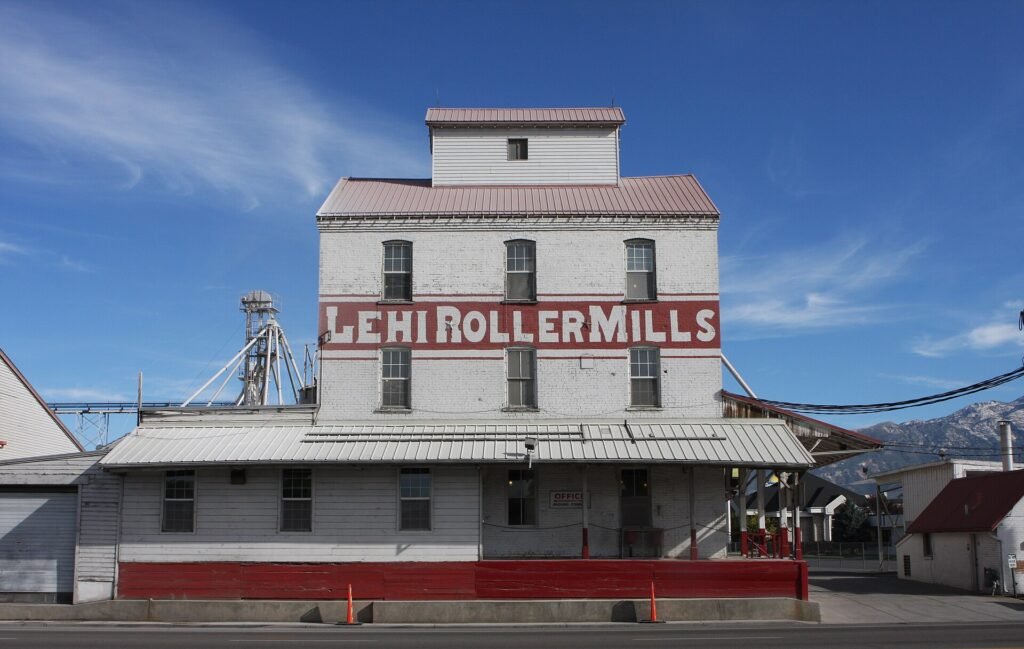 Historic Lehi Roller Mills building with Wasatch mountains, Lehi Utah