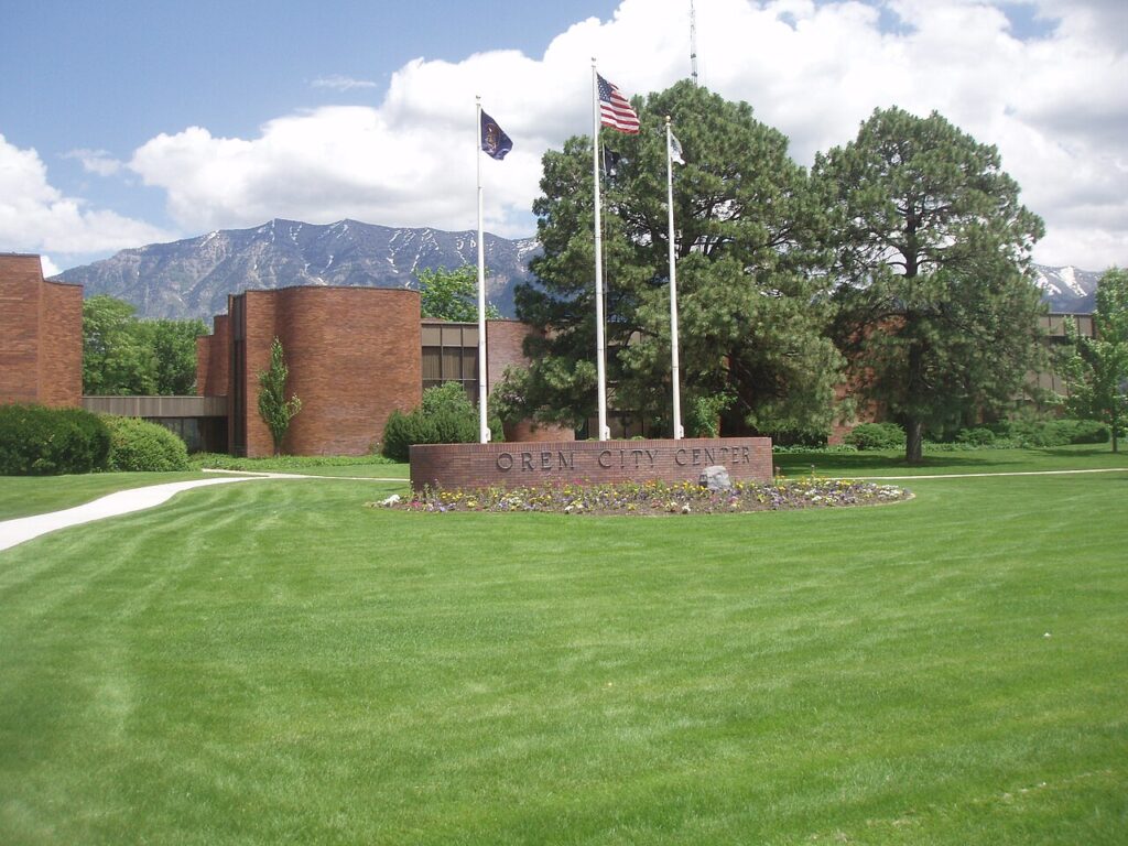 Orem City Center municipal building with Mount Timpanogos behind, Orem Utah