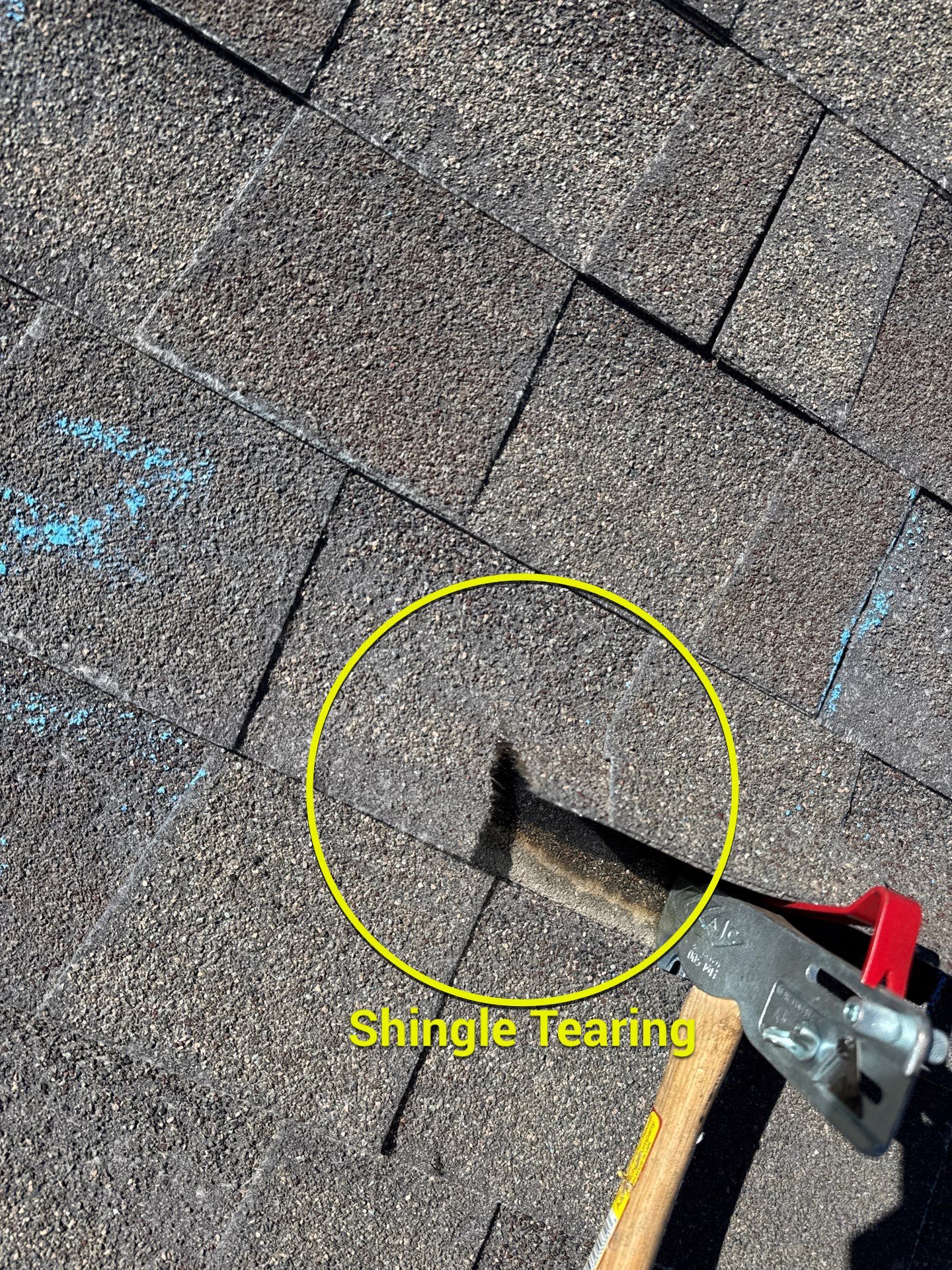 Shingle tearing — annotated Rooval roof inspection photo, Utah County