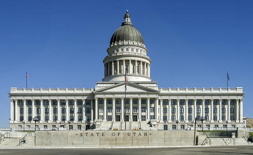 Utah State Capitol above Salt Lake City under a clear blue sky