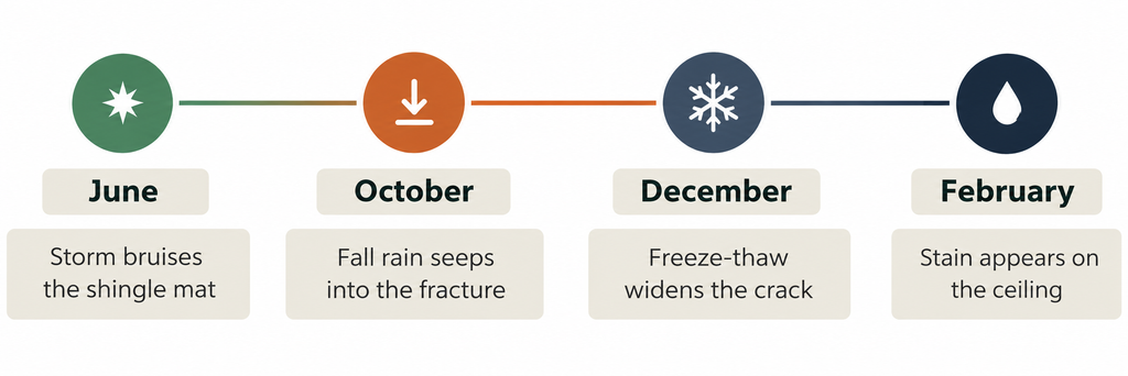 Timeline of a roof leak from June storm damage to October rain, December freeze-thaw, and a February ceiling stain.