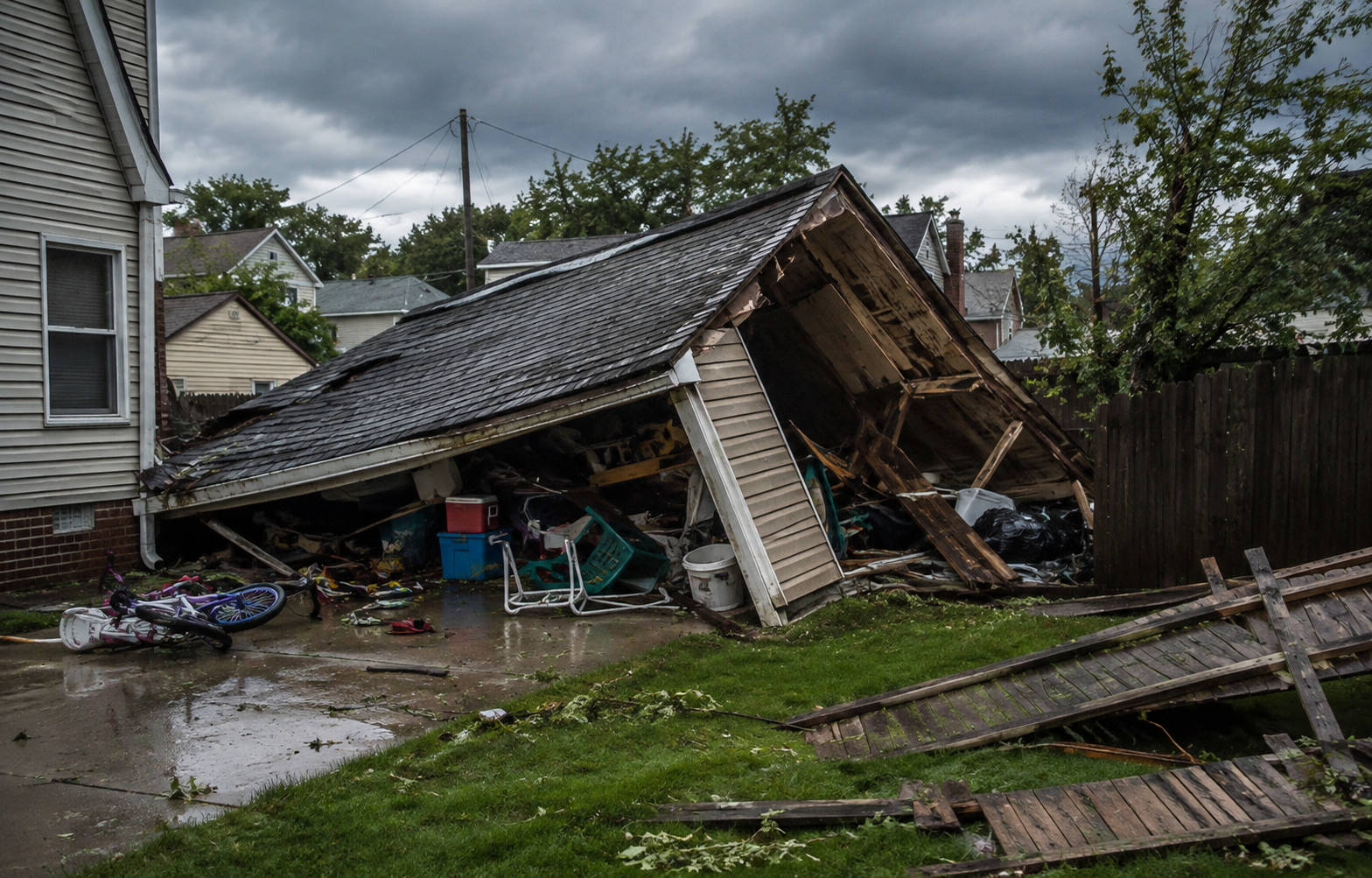Severe storm damage with a collapsed detached garage roof and scattered debris in a Utah backyard.