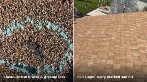 Side-by-side Utah roof hail damage: shingle bruise with granule loss and full slope with chalk-marked hail hits.