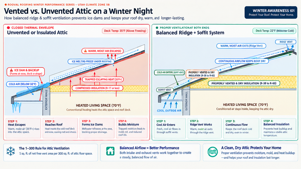 Unvented attics allow trapped heat to melt snow that refreezes at the eaves. Balanced venting keeps the roof deck cold and prevents dam formation
