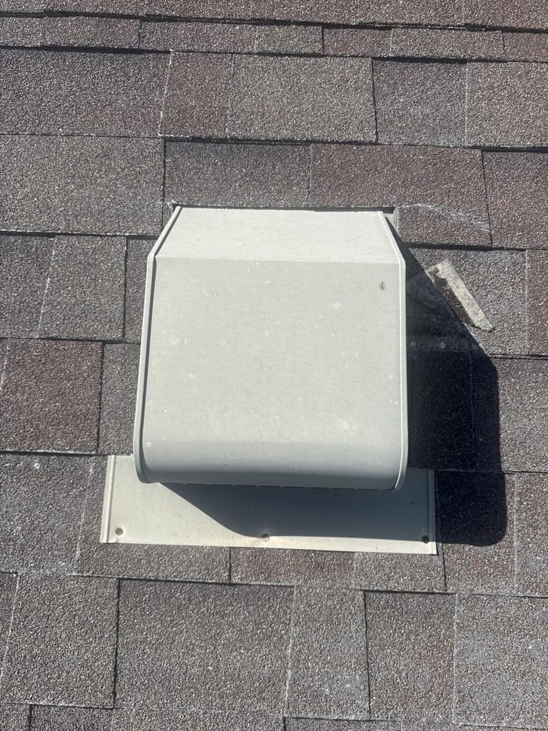 A static roof vent on a Rooval Roofing job in Lehi, Utah, photographed during a documented inspection.