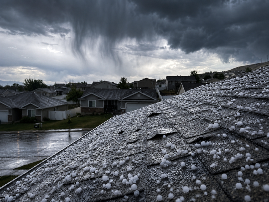 Hail-covered roof with damaged shingles after a Utah storm, highlighting storm damage in a suburban neighborhood.