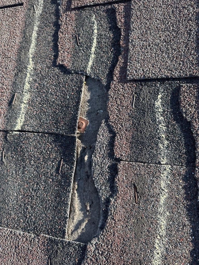 Old 3-tab asphalt shingles with a cracked, broken tab exposing the mat beneath, marked with chalk lines