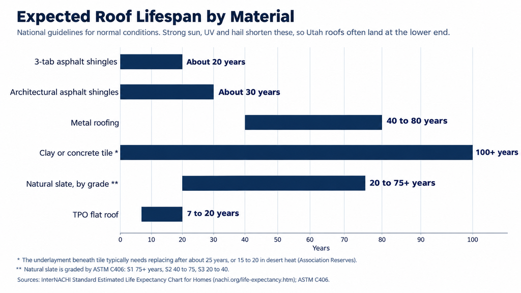 Bar chart of roof lifespan by material: 3-tab 20 years, architectural 30, metal 40 to 80, tile 100+, slate by grade, TPO 7 to 20