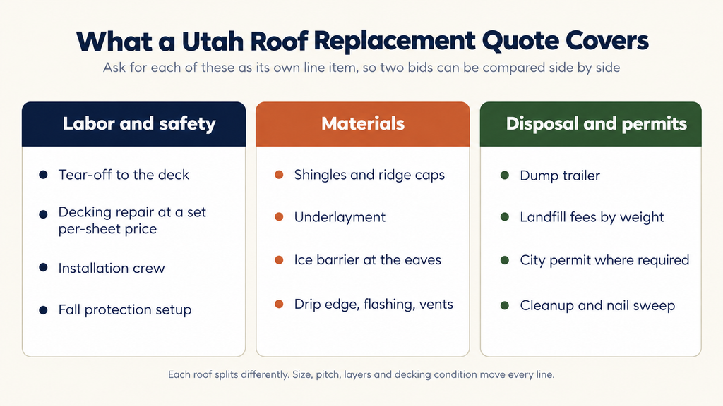 Three-column chart listing the parts of a roof replacement quote: labor and safety, materials, and disposal and permits, with four line items under each.